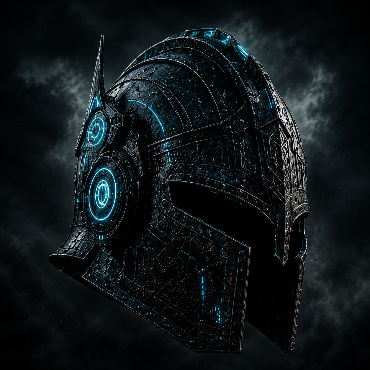 Black iron helmet with cyan rune circuits
