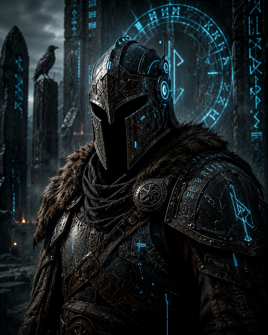 Armored rune warrior in a neon-lit ancient ruin